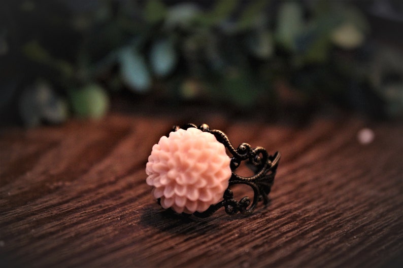 Pink flower ring, with adjustable filigree gold coloured band image 1