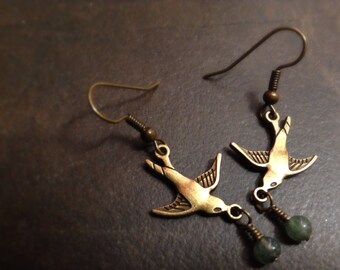 Swooping love bird earrings, with jasper stone beads
