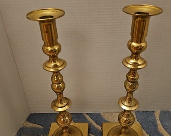Pair Of B. Altman Polished Brass Vintage Spindle Candlestick Holders 14.5"