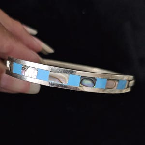 Vintage Alpaca Mexico Sterling Silver Cuff Bracelet Abalone Inlay