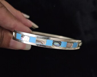 Vintage Alpaca Mexico Sterling Silver Cuff Bracelet Abalone Inlay