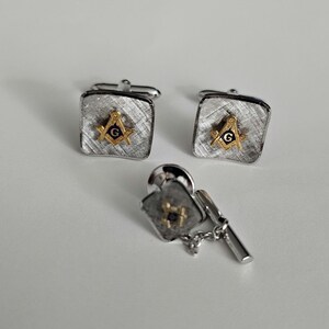 Vintage Sterling Silver Masonic Cufflinks And Tie Pin Set Mason