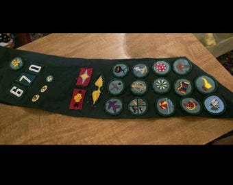 Vintage 1970’s Girl Scouts Sash with Patches, Merit Badges and 3 Pins