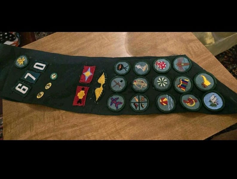 Vintage 1970’s Girl Scouts Sash with Patches, Merit Badges and 3 Pins