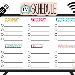 Könnte beinhalten: Ein weißer Fernsehplan mit schwarzem Rand. Der Plan ist in sieben Tage unterteilt: Montag, Dienstag, Mittwoch, Donnerstag, Freitag, Wochenende. Jeder Tag hat eine Liste mit leeren Zeilen und Kreisen zum Abhaken.