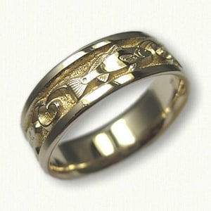 Trouwring roodbaars: 7 mm breed, sterlingzilver of 14kt goud