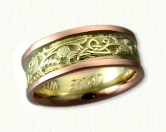May include: A gold and rose gold wedding band with a Celtic knot and thistle design. The band is engraved with the words "Go On With Me".