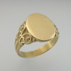 Custom Engravable Oval Top, Scroll Motif Signet Ring (#1524) - Hand or Machine engraved up to 3 Initials