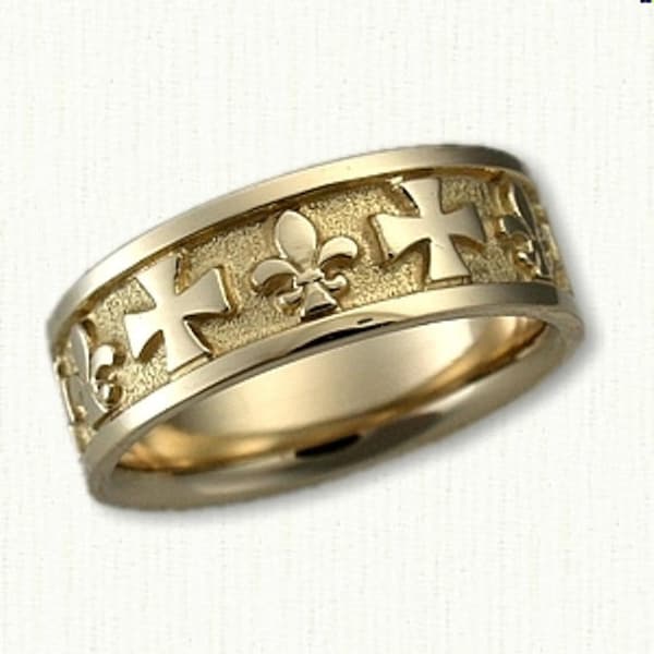 Fleur de lis and Maltese Cross Wedding Band (7mm width)