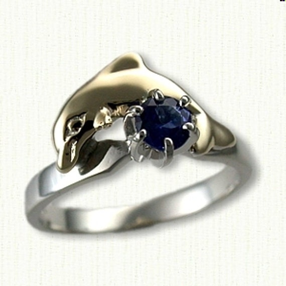 Custom Dolphin Ring Two Tone 14kt Gold 4mm Blue Sapphire Etsy