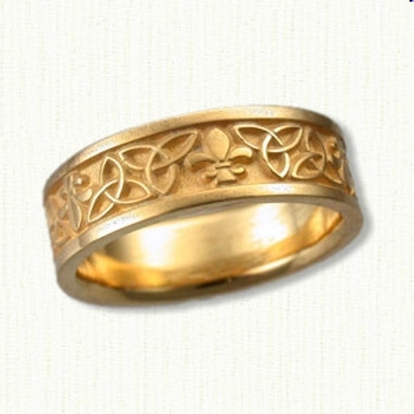 Fleur de Lis  & Celtic Triangle Knot Wedding Band (6-7mm width)