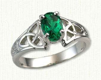 14kt White Gold Celtic Marishelle Style Engagement Ring- set with a 7 x 5  mm Oval Chatham Emerald .72ct - Beautiful Ring