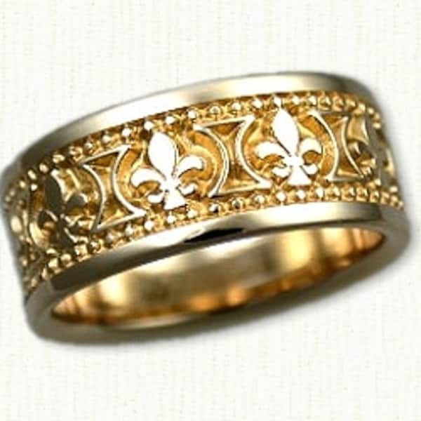Fleur-de-lis Wedding Band Regular Etch with Beading (7mm)