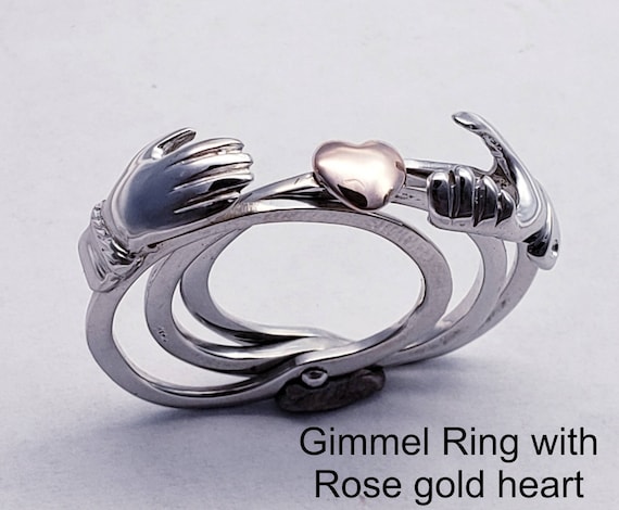 Sterling Silver Gimmel Ring With 14kt Rose Gold Heart Sterling Silver Gimmel Ring With 14kt Rose Gold Heart
