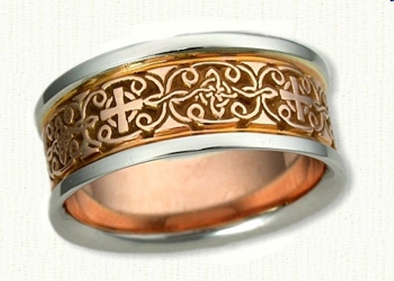 Celtic Mohan Knot with Crosses Wedding Band Two Tone 14kt gold