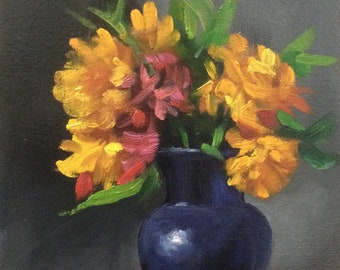 Original Art Oil Painting, "Mums in Blue Vase" by Jason Walcott