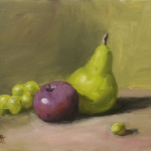 Pintura al óleo de arte original, &quot;Pera y ciruela&quot; de Jason Walcott