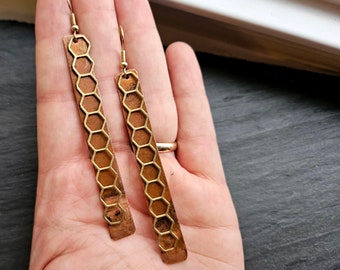 Copper Dangle Earrings with Golden Honeycomb Layer