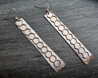 Steel Dangle Earrings with Copper Honeycomb Layer