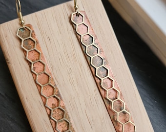Long Copper Rectangle Earrings with Speckle Patina and Golden Honeycomb Layer