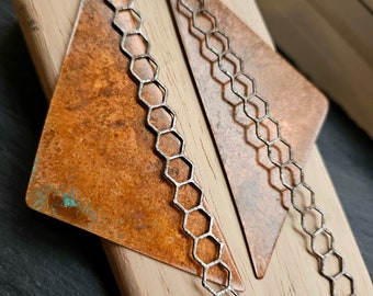 Doorknocker Triangle Copper Earrings Patina with Honeycomb Accent