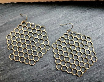 Large Golden Honeycomb Hexagon Earrings