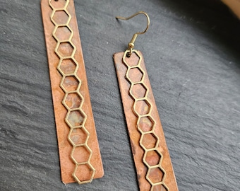 Long Copper Rectangle Earrings with Swirl Patina and Golden Honeycomb Accent