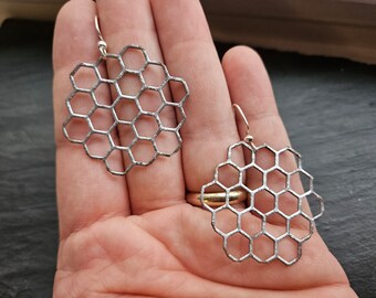 Tarnished Steel Hexagon Honeycomb Earrings