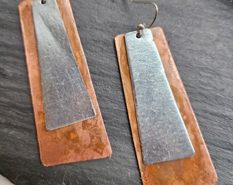 Copper Trapezoid Earrings with Swirl Patina and Steel Accent