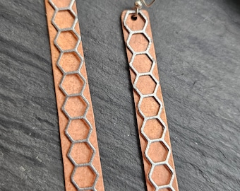 Long Copper Rectangle Earrings with Steel Honeycomb Accent