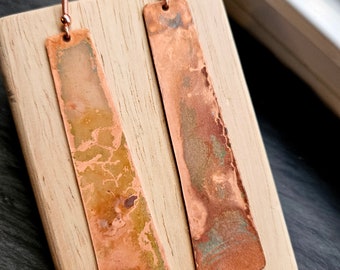 Long Trapezoid Copper Earrings with Swirl Patina