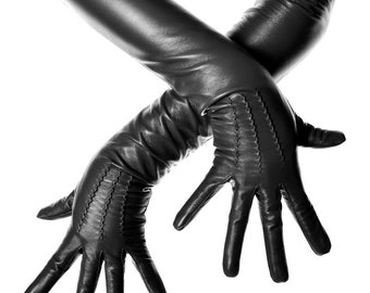 Long Black Leather Opera Gloves Vintage Pattern Button Wrist