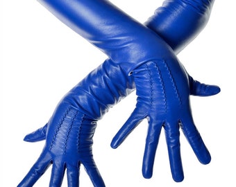 Royal Blue Leather Opera Gants vintage Motif Bouton Poignet