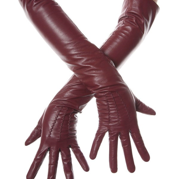 Long Burgundy Leather Opera Gloves Vintage Pattern Button Wrist