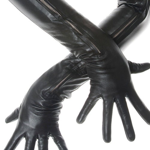 Long Black Leather Opera Gloves Vintage Pattern Button Wrist Etsy