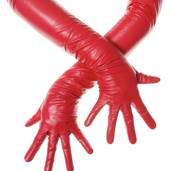 Guantes de ópera de cuero rojo lápiz labial