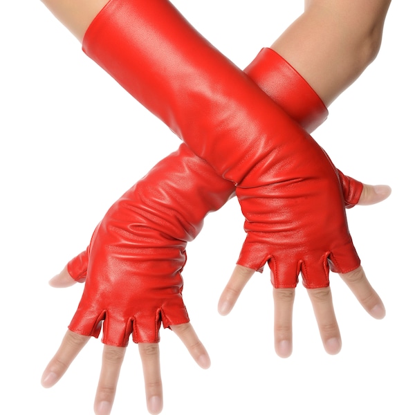 Red Fingerless long Leather Gloves