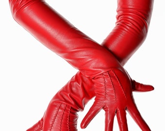 Long Lipstick Red Leather Opera Gloves Vintage Pattern Button Wrist