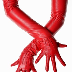 Long Lipstick Red Leather Opera Gloves Vintage Pattern Button Wrist