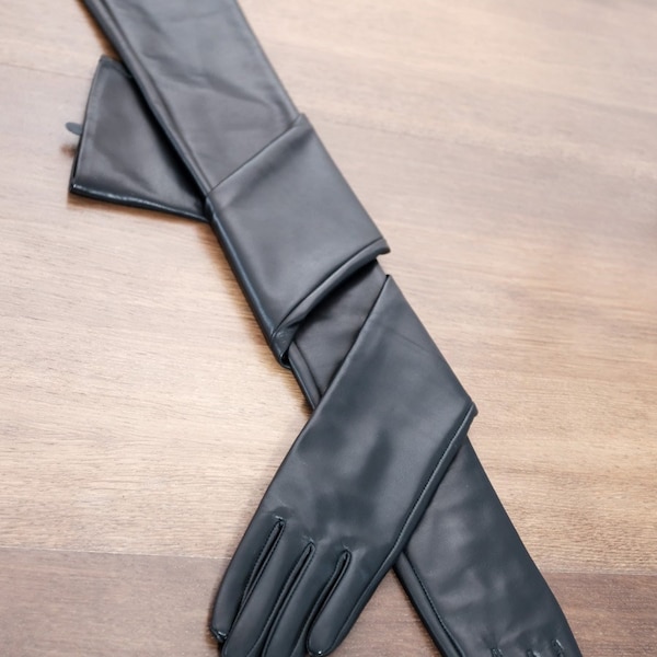 Ultra Long Black Leather Opera Gloves shoulder length 80 cms