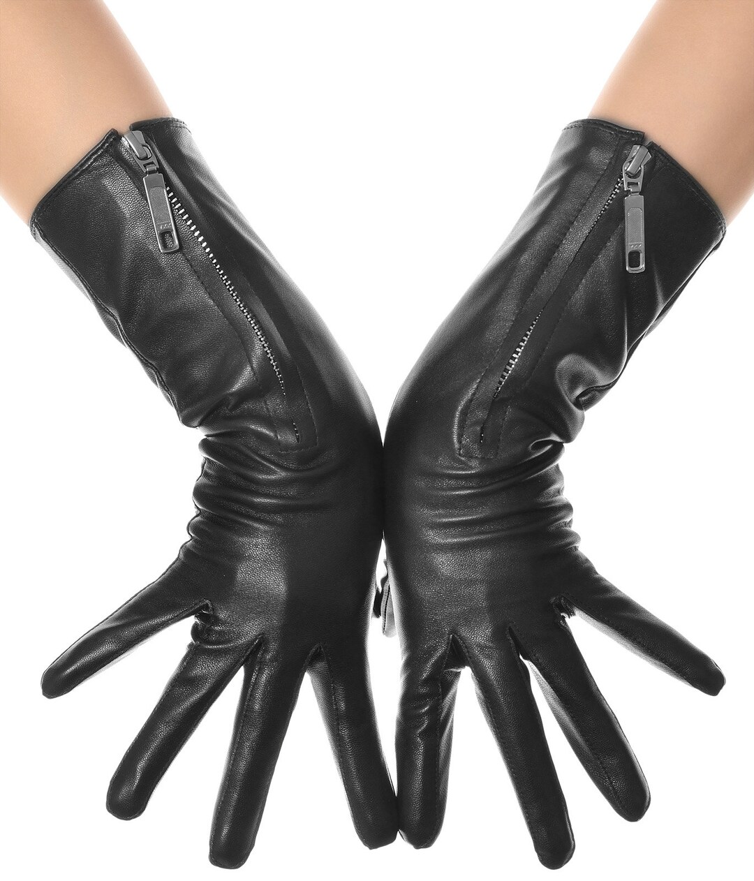 Mid Length Zip Leather Gloves Etsy