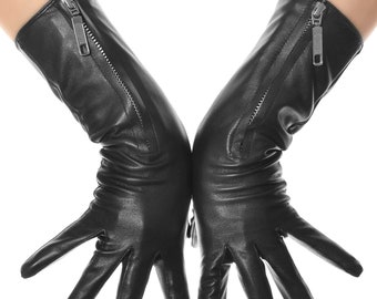 NEW MOSCHINO RUNWAY Leather Gloves, Black Long Leather Gloves, Men Fashion  Runway Motorcycle Leather Gloves, With Inside Runway Barcode 