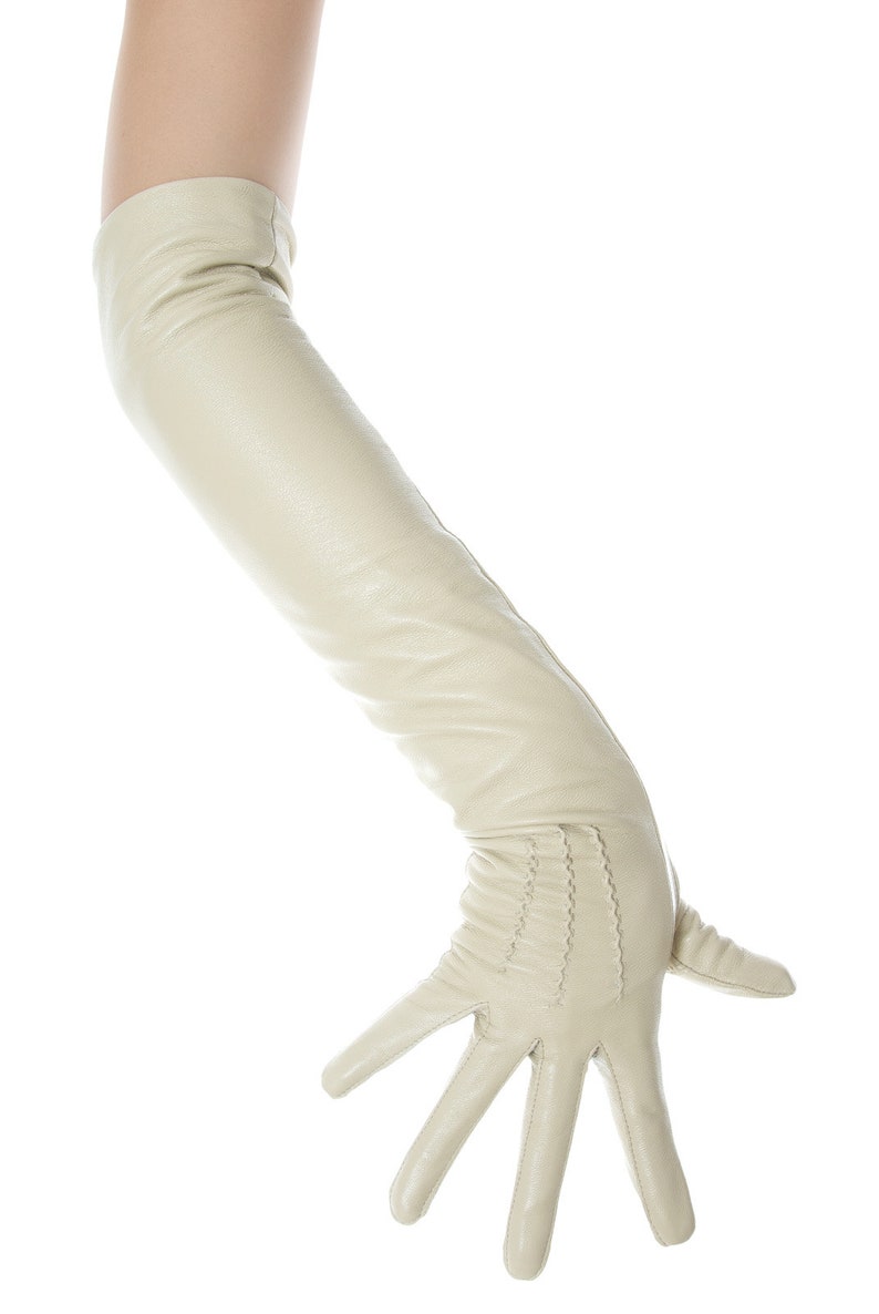 Long Beige Leather Opera Gloves Vintage Pattern Button Wrist image 2