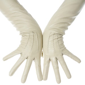 Long Beige Leather Opera Gloves Vintage Pattern Button Wrist image 3