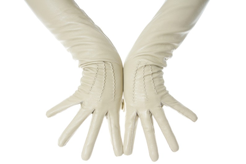 Long Beige Leather Opera Gloves Vintage Pattern Button Wrist image 3