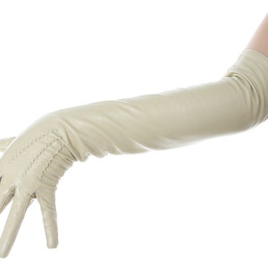 Long Beige Leather Opera Gloves Vintage Pattern Button Wrist image 4