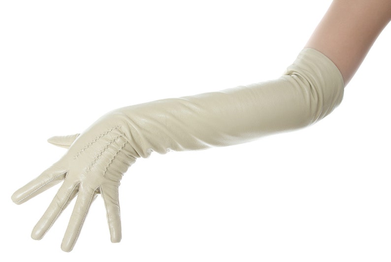 Long Beige Leather Opera Gloves Vintage Pattern Button Wrist image 4