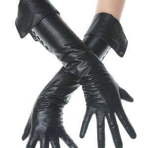 Black Leather Opera Gloves Fold down Side Buttons