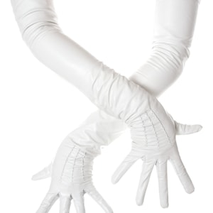 Long White Opera Leather Gloves Vintage Pattern Button Wrist