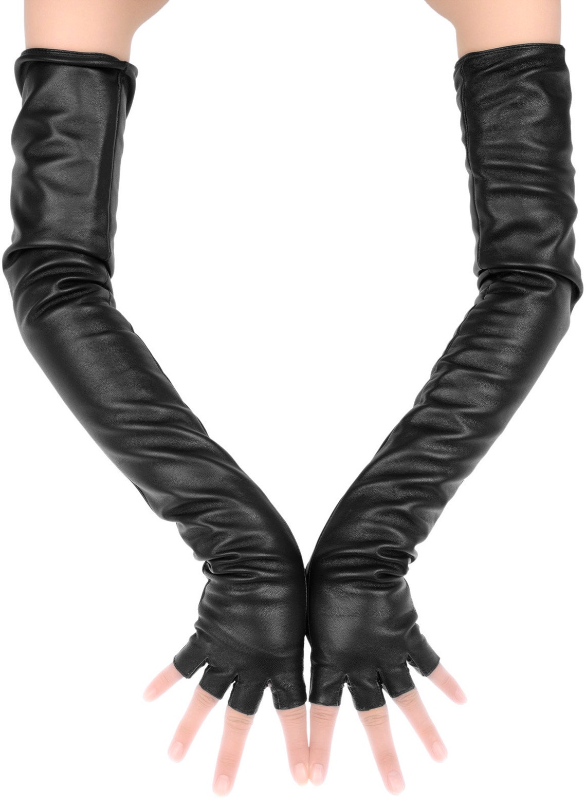 Extra Long Black Fingerless Leather Gloves - Etsy